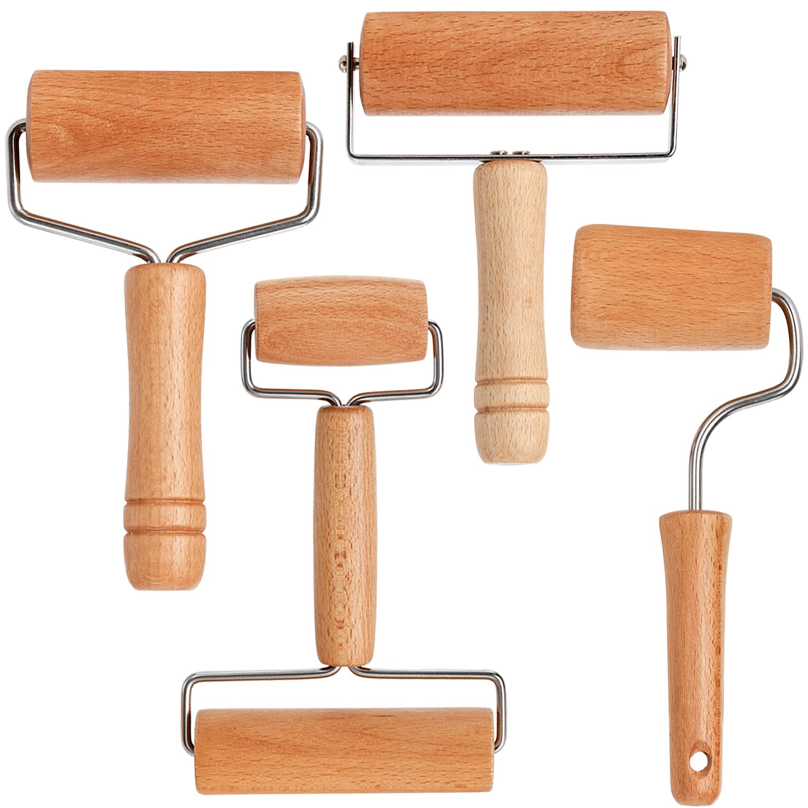 AVLA four-pack wood rolling pins with a T-shape for even dough rolling.