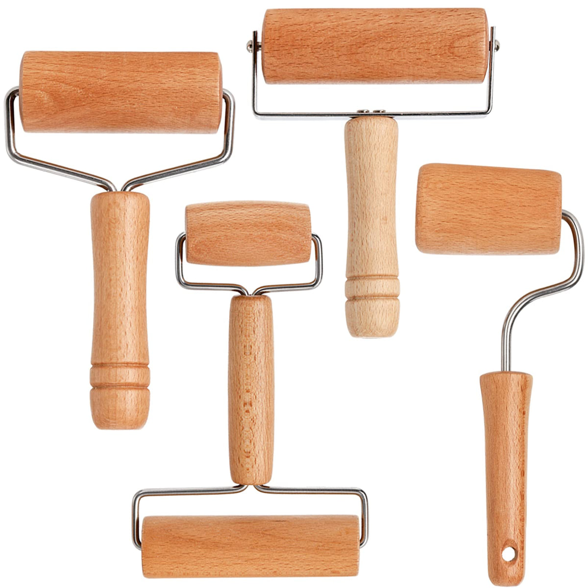 AVLA four-pack wood rolling pins with a T-shape for even dough rolling.