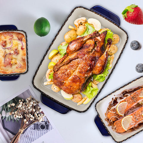 AVLA double-handle bakeware design for easy oven-to-table transfer.
