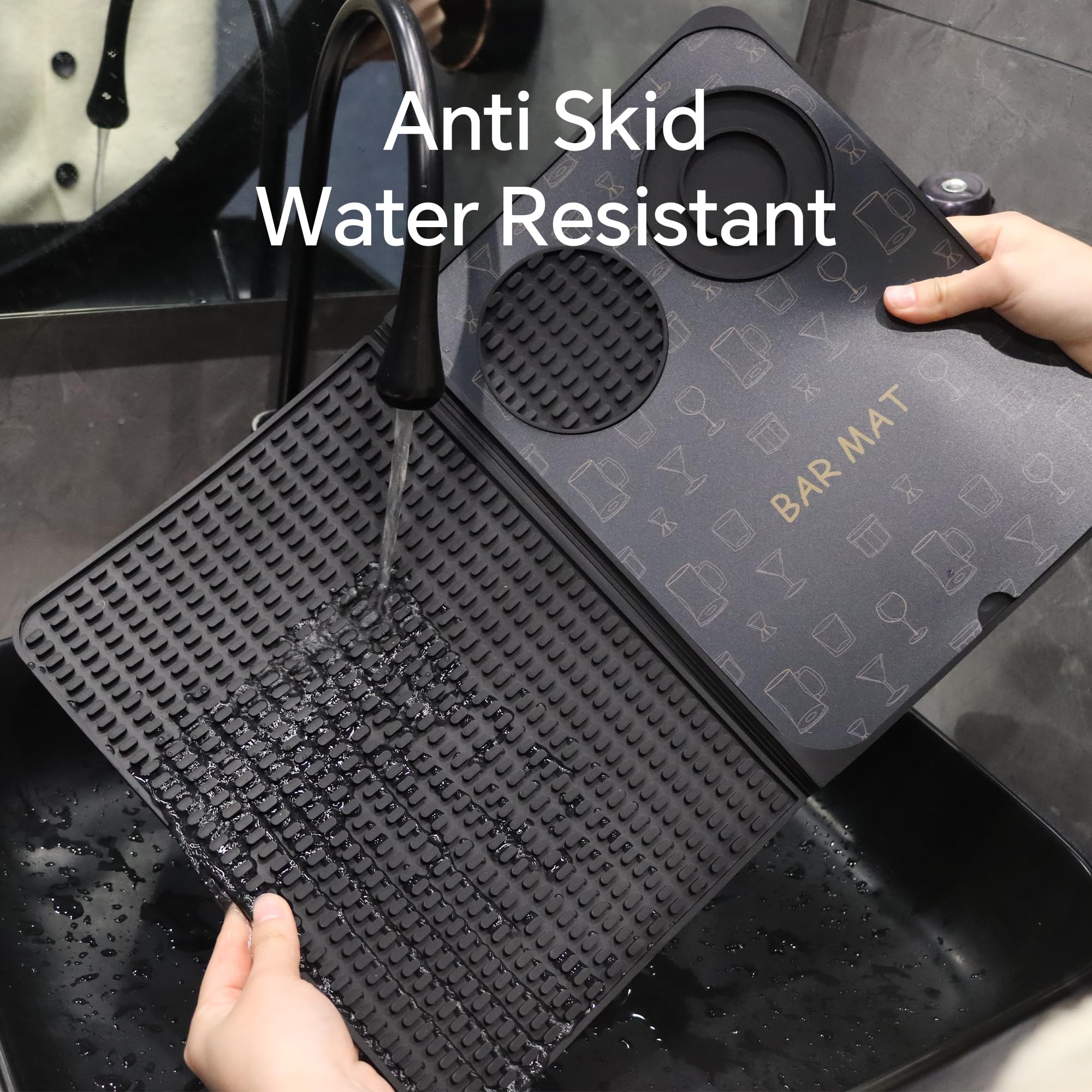 AVlovasd bar mat featuring mixing and pouring area on a clean workspace.