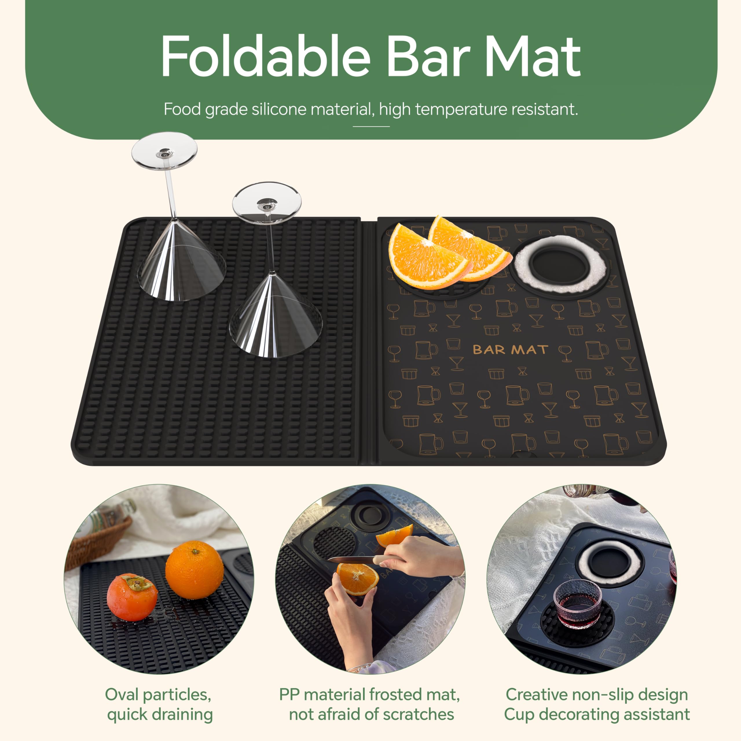 AVlovasd bar mat with integrated rimmed tray for salt and sugar rims.