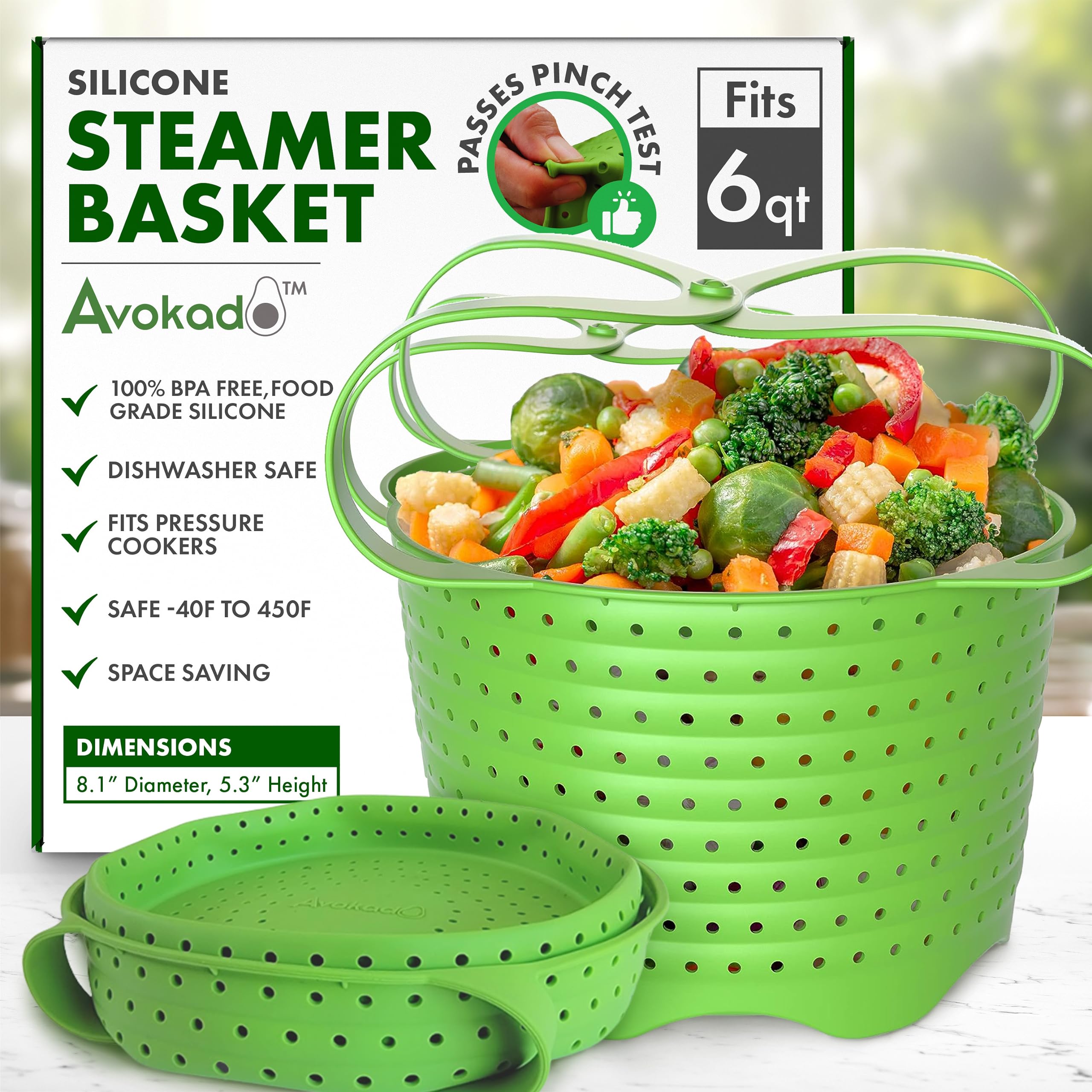 Avokado silicone steamer basket in use inside a 6qt Instant Pot for healthy steaming