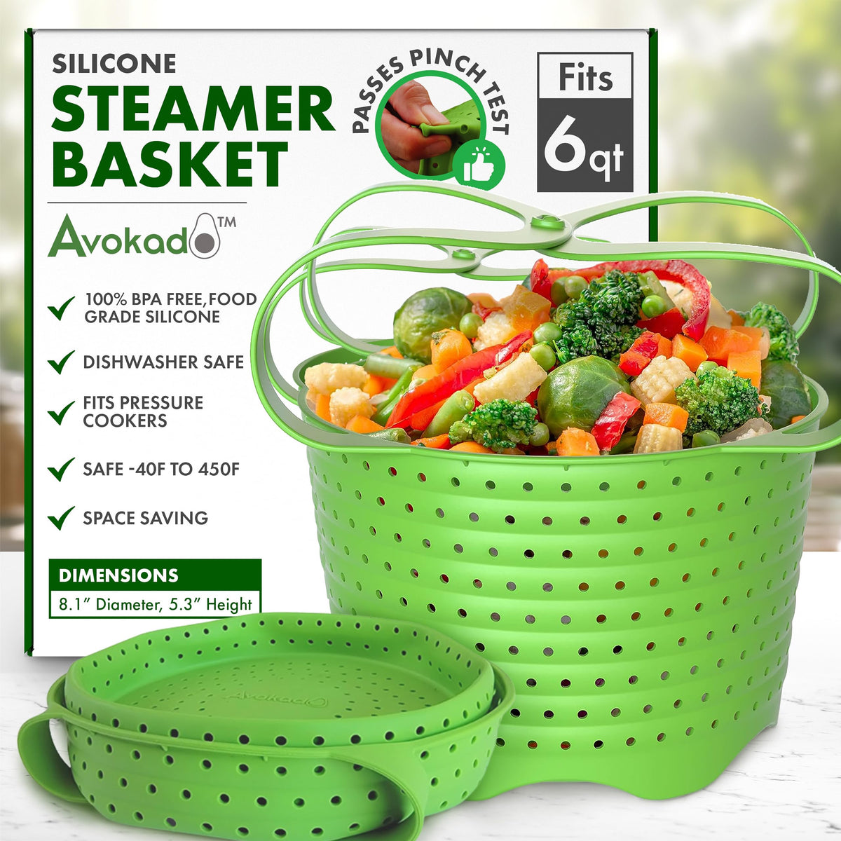 Avokado silicone steamer basket in use inside a 6qt Instant Pot for healthy steaming