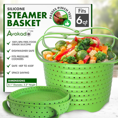 Avokado silicone steamer basket in use inside a 6qt Instant Pot for healthy steaming
