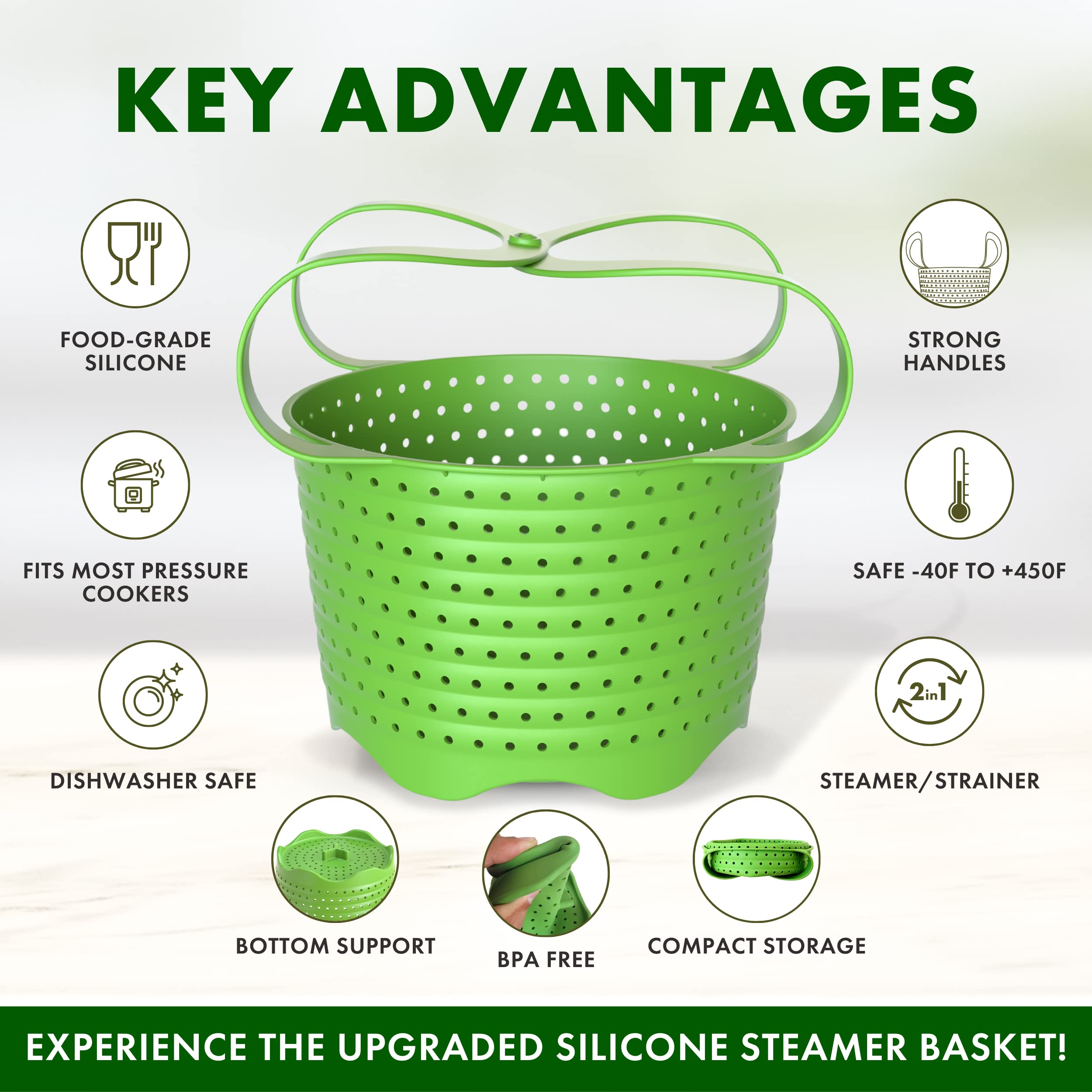 Close-up of Avokado steamer basket showing dishwasher-safe silicone surface