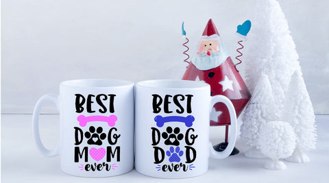 AW Fashions Best Dog Mom Best Dog Dad mugs set of 2 side-by-side display for couples