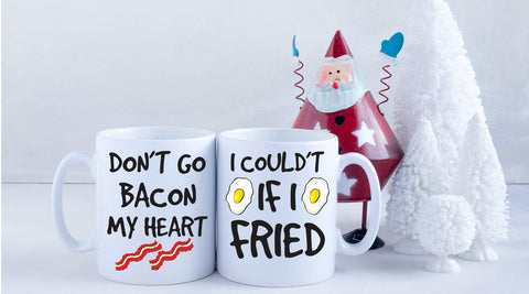 AW Fashions Don't Go Bacon My Heart mugs set side view, matched his and hers gift idea.