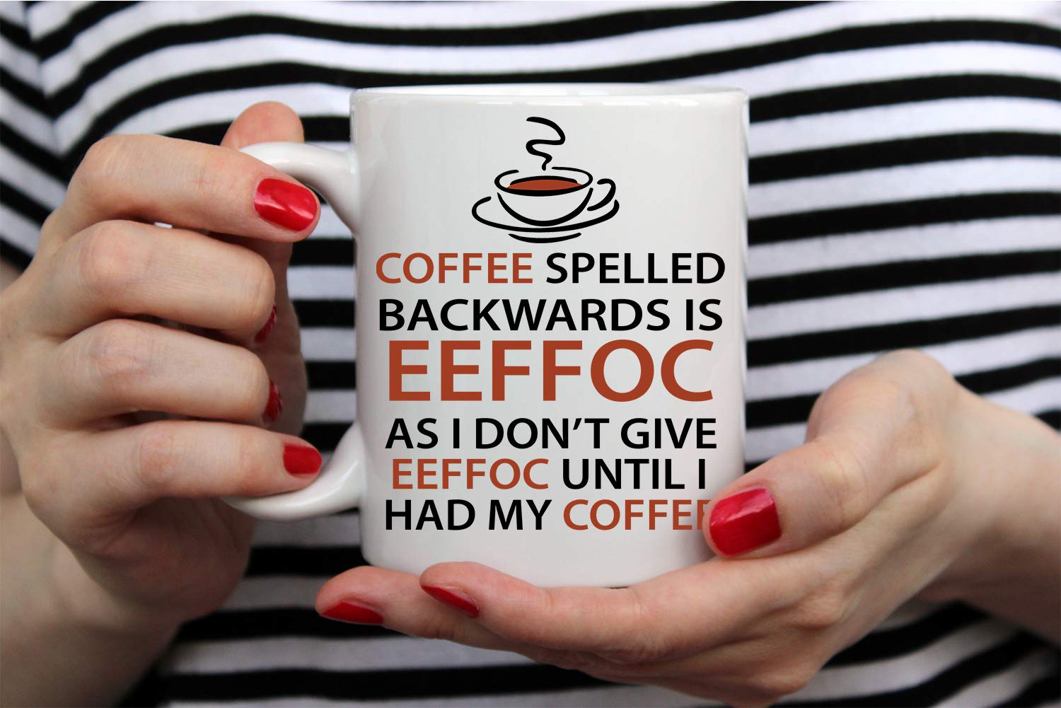 AW Fashions Eeffoc mug text design highlighted on the surface