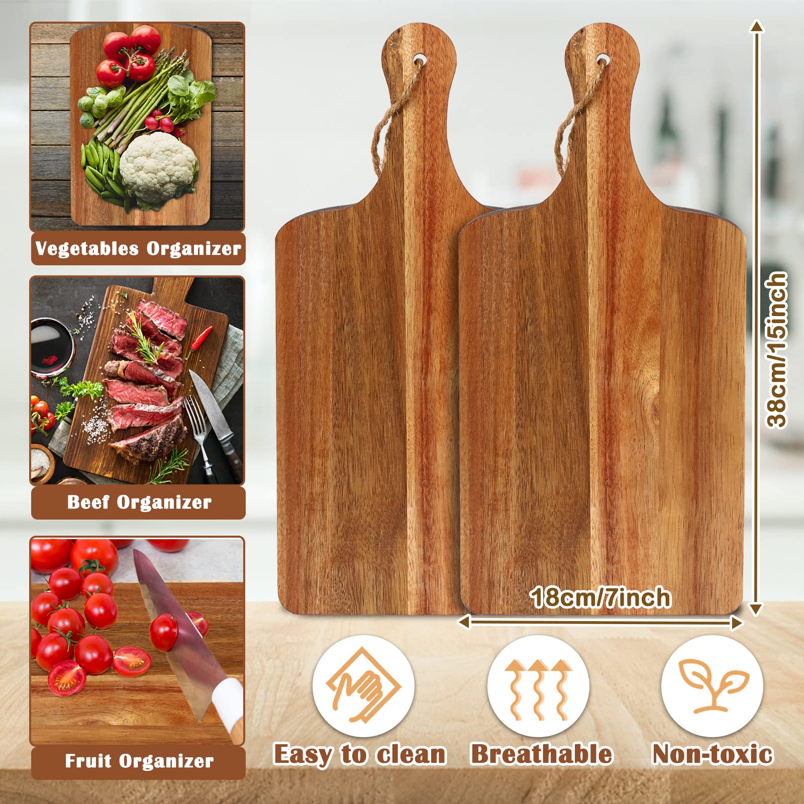 Close-up of Aweyka acacia wood cutting board showing durable grain and smooth surface.