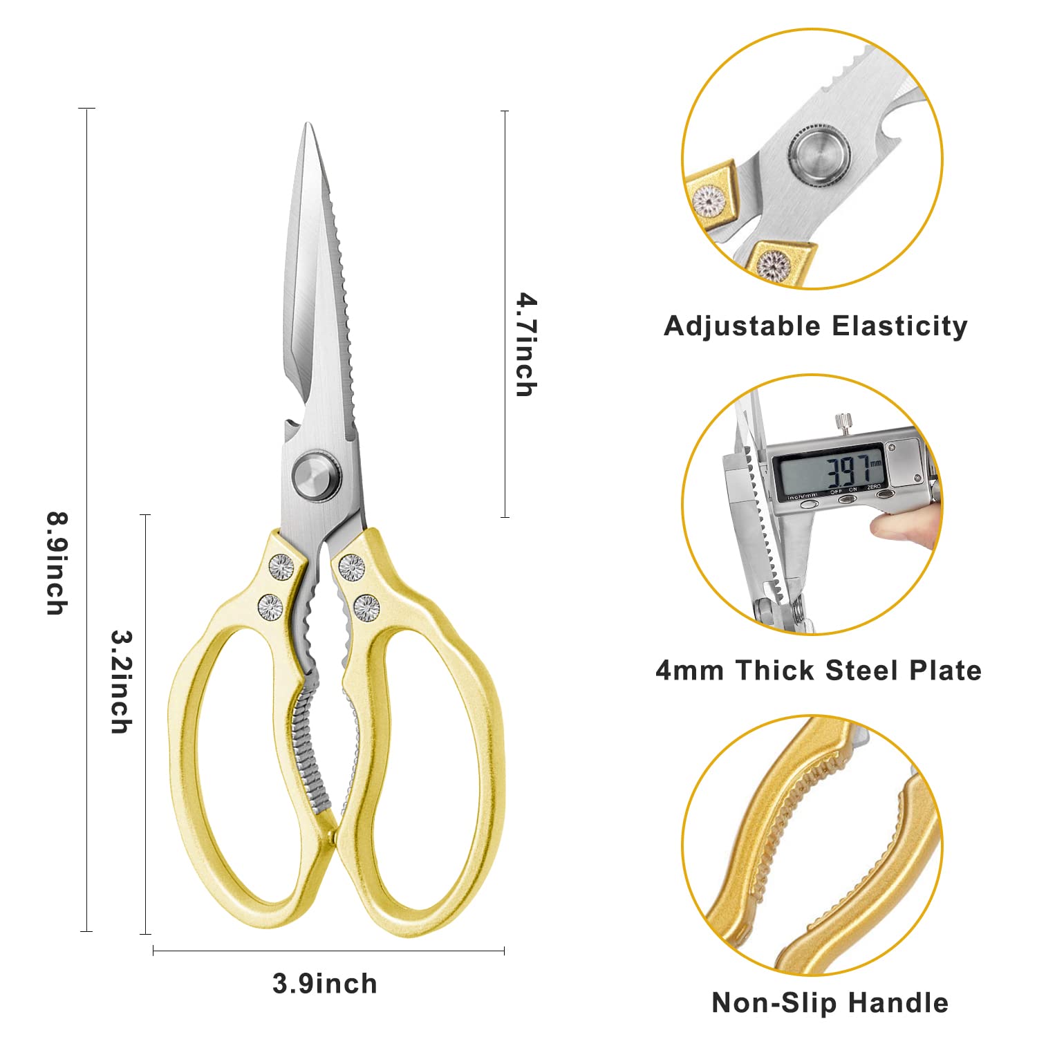 AWinjoy Kitchen Scissors with golden aluminium handles for comfortable grip and stylish appeal.