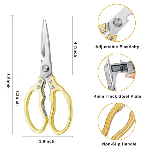 AWinjoy Kitchen Scissors with golden aluminium handles for comfortable grip and stylish appeal.