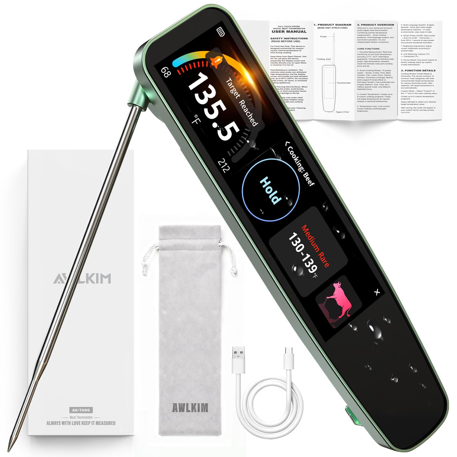 AWLKIM 0.5s instant read thermometer display for quick checks