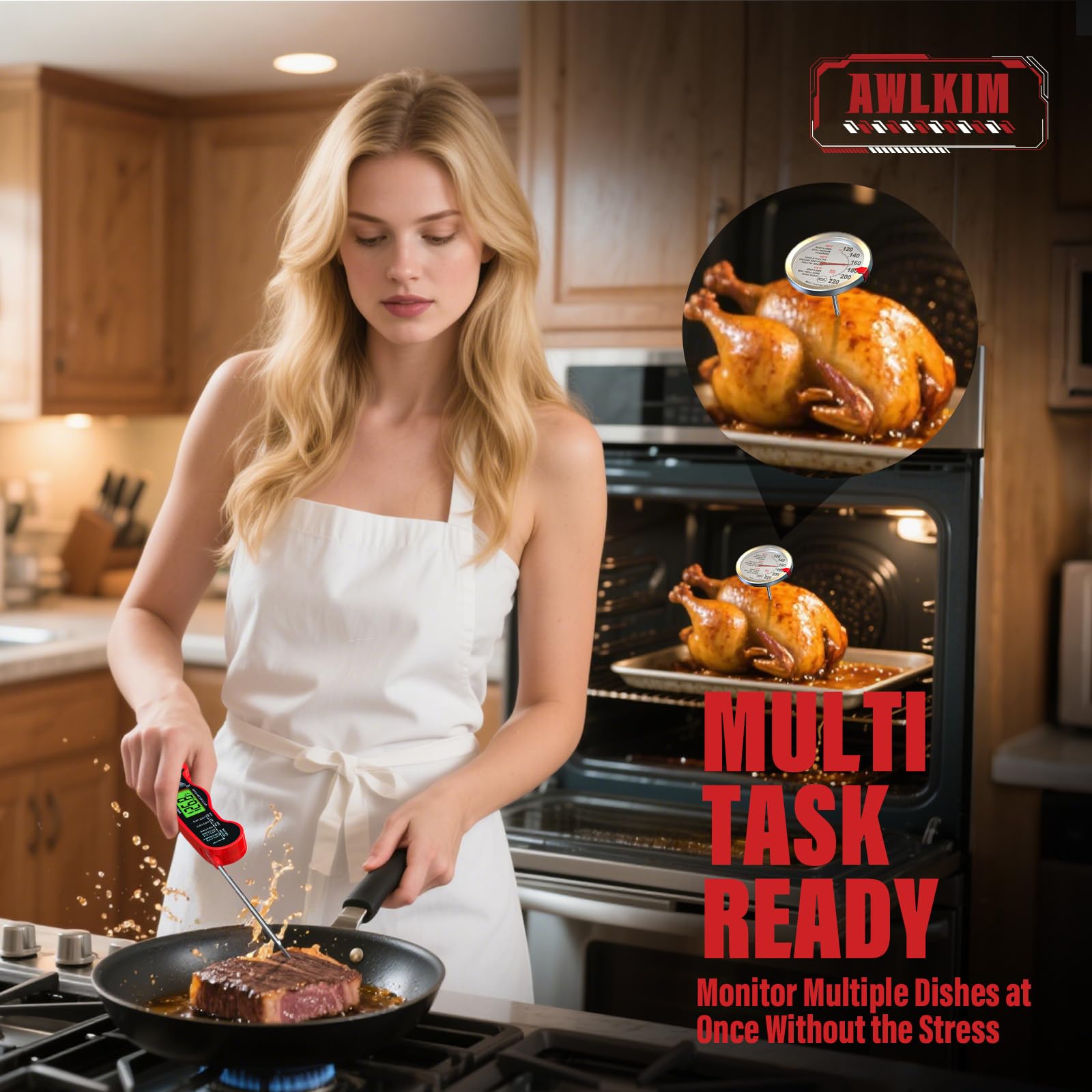 AWLKIM extra-large dial oven thermometer left for clear oven readings.