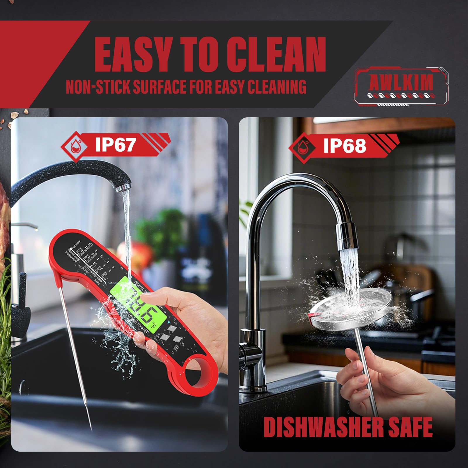 AWLKIM IP68 dishwasher-safe oven thermometer for effortless cleanup.