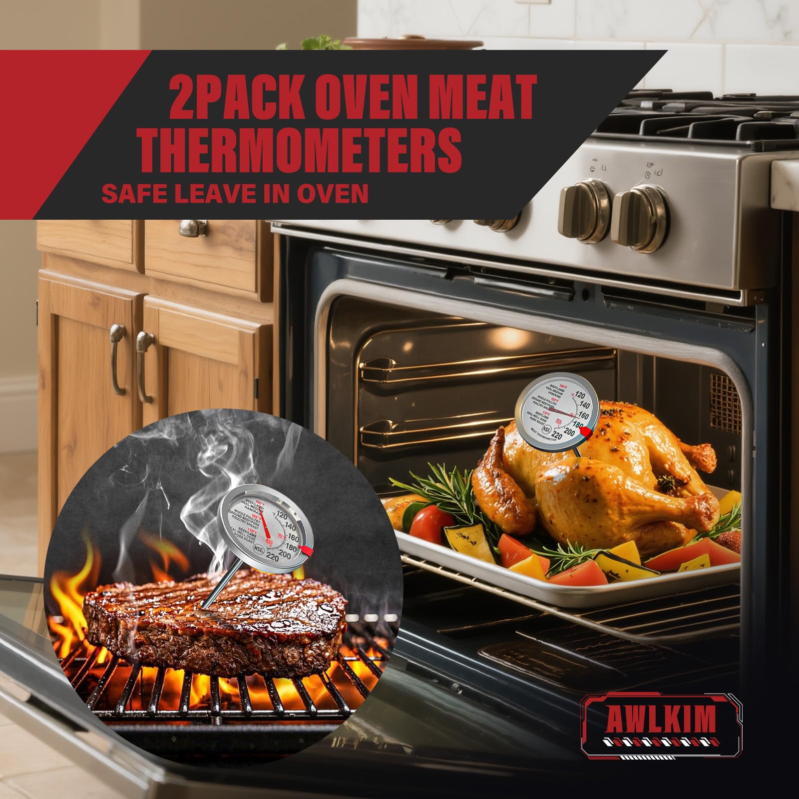 AWLKIM stainless steel oven thermometer for durable heat tolerance.