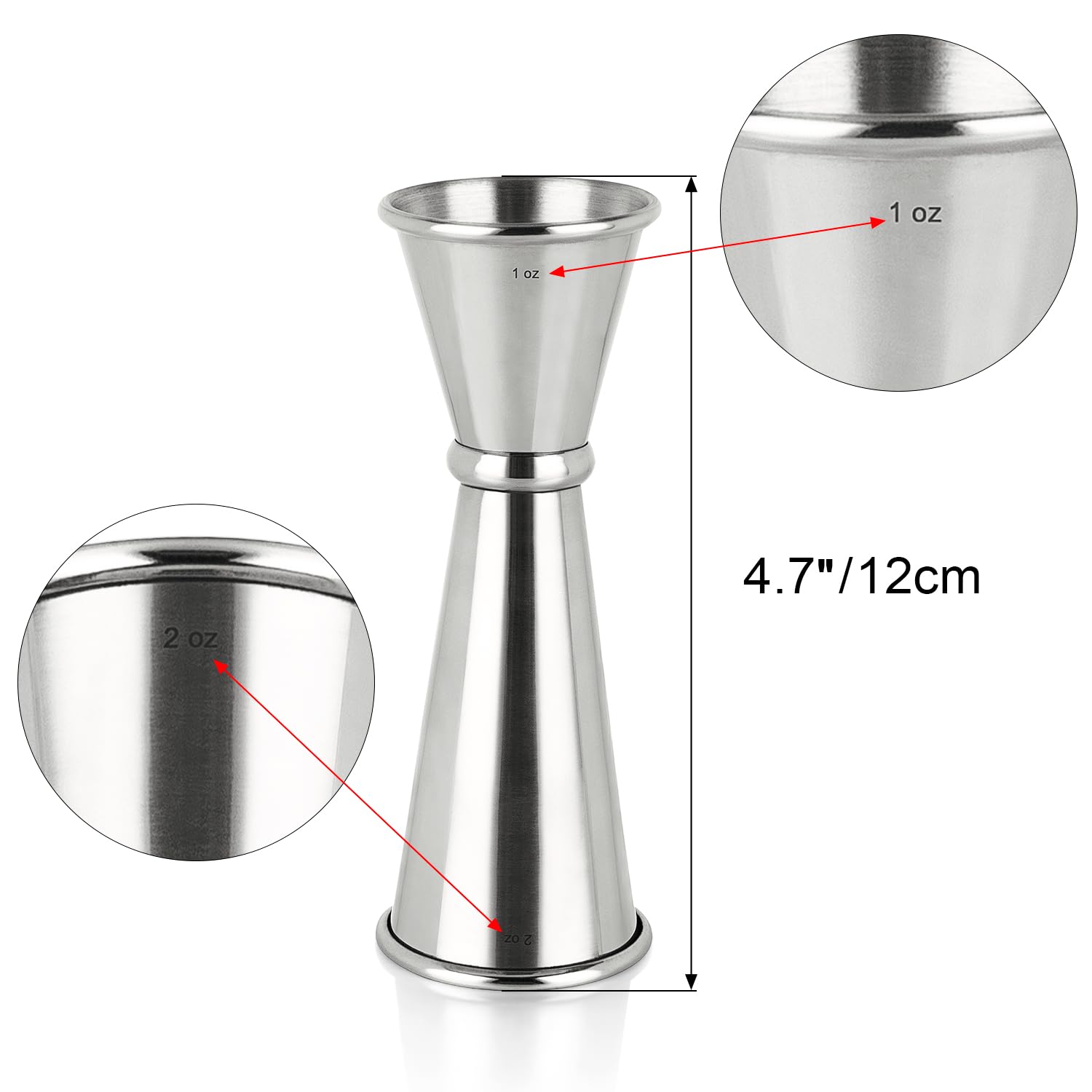 Awpeye stainless steel jigger shows 1oz and 2oz sides for quick measurements