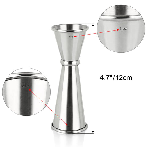 Awpeye stainless steel jigger shows 1oz and 2oz sides for quick measurements