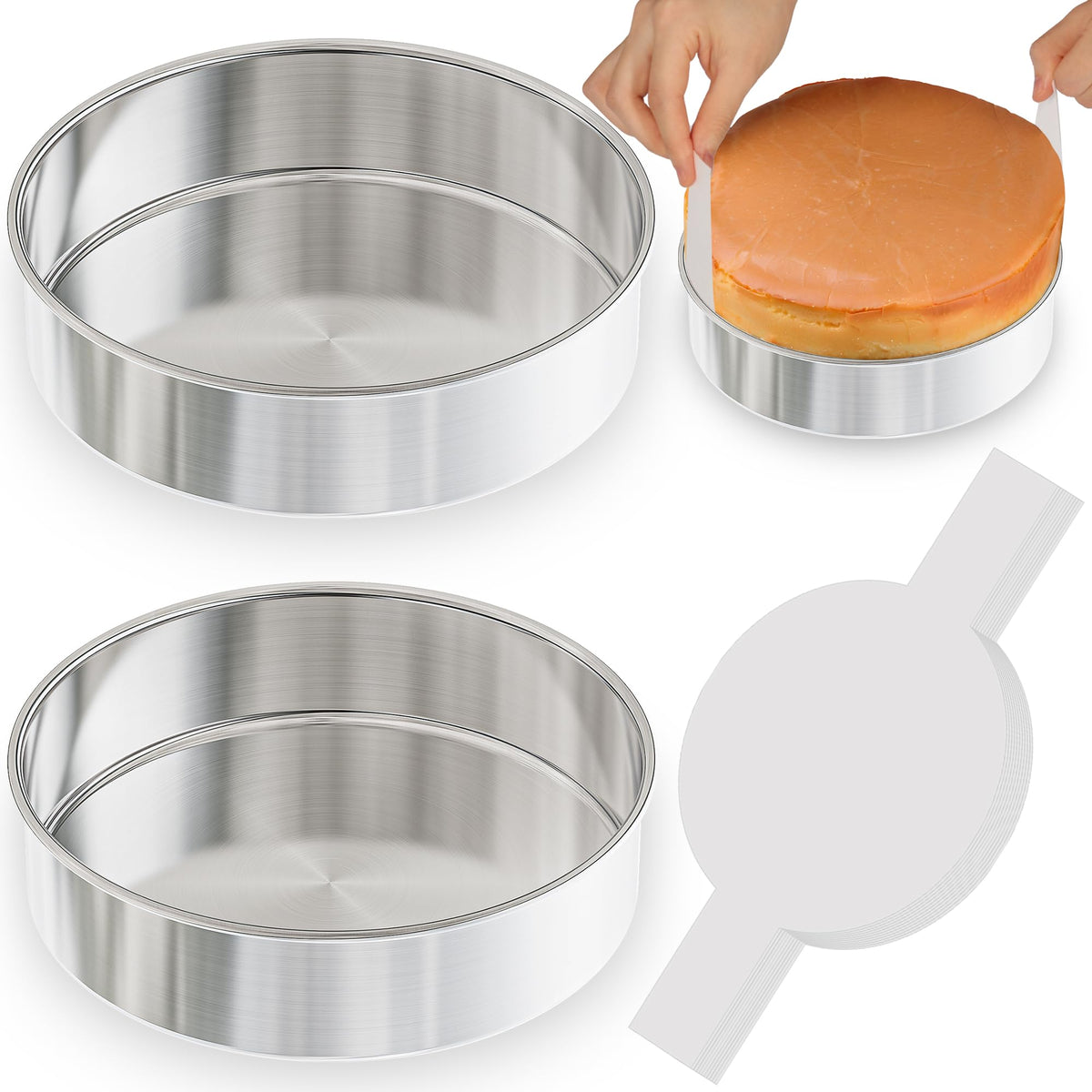 AWTBDP 8-inch round cake pan with parchment paper for smooth release.