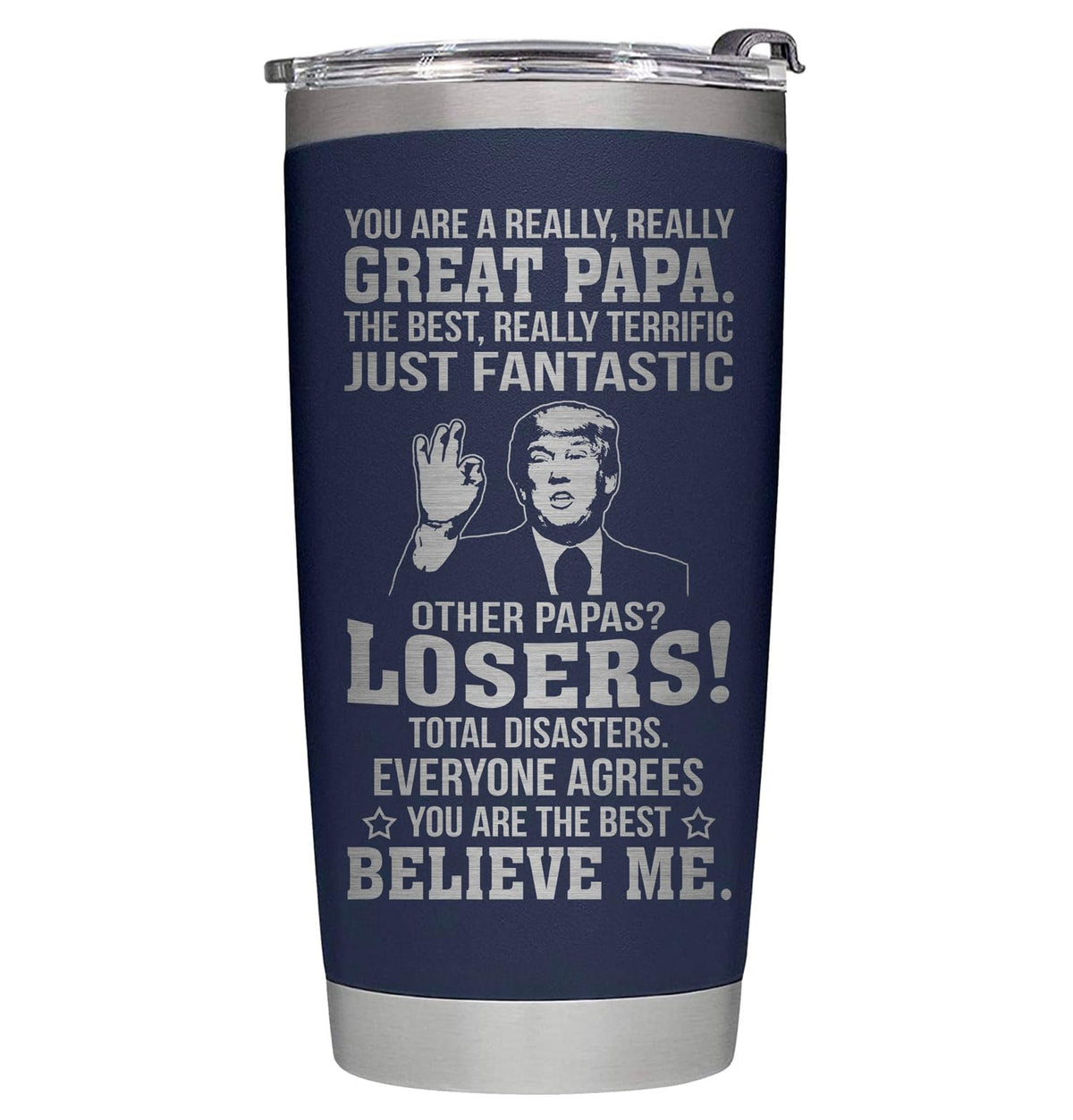 AWTHATMAZING Papa Tumbler front view in navy for on-the-go hydration.