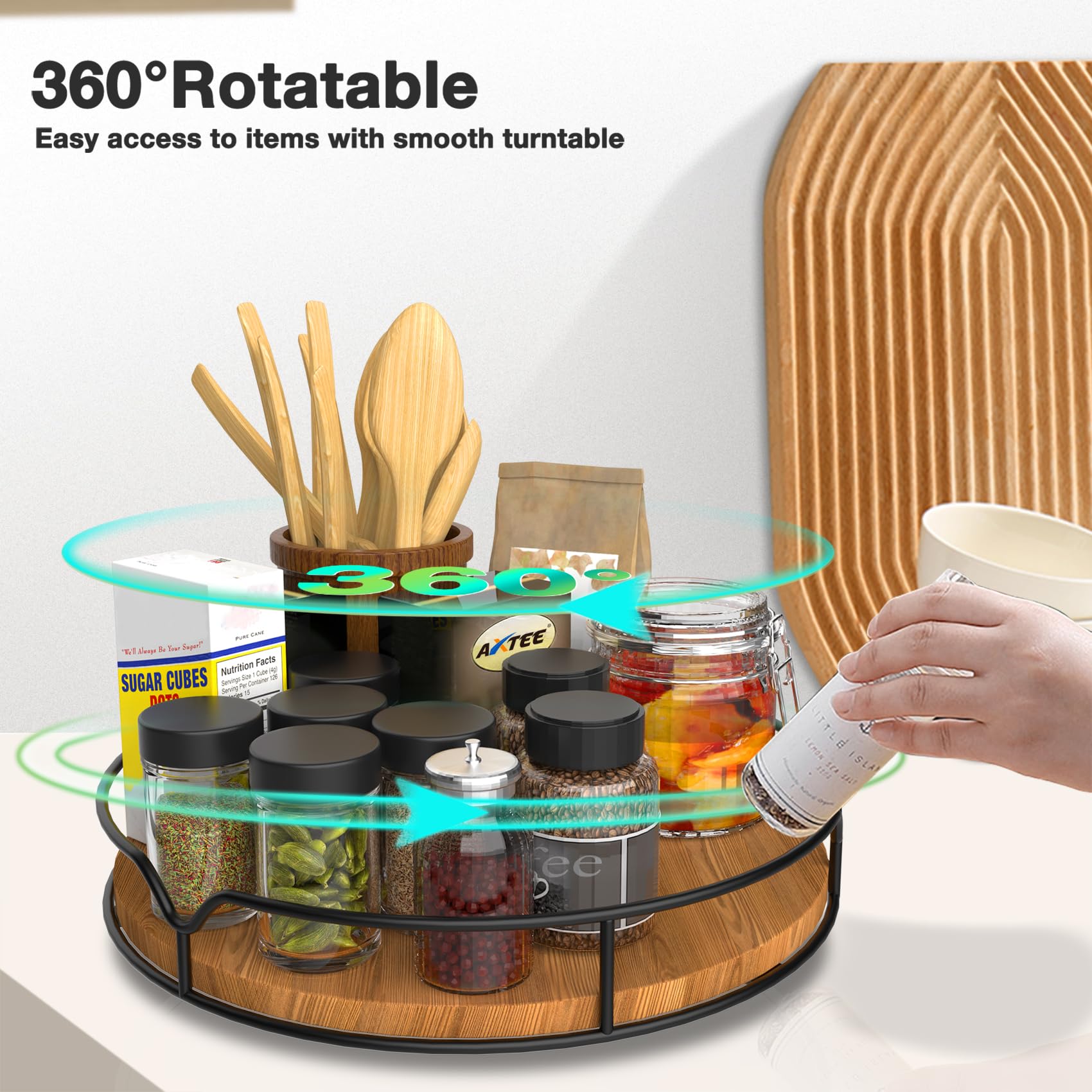 AXTEE Lazy Susan carbonized black on pantry shelf improving organization.