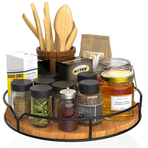 AXTEE Lazy Susan pine wood 9-inch on countertop for easy item access.