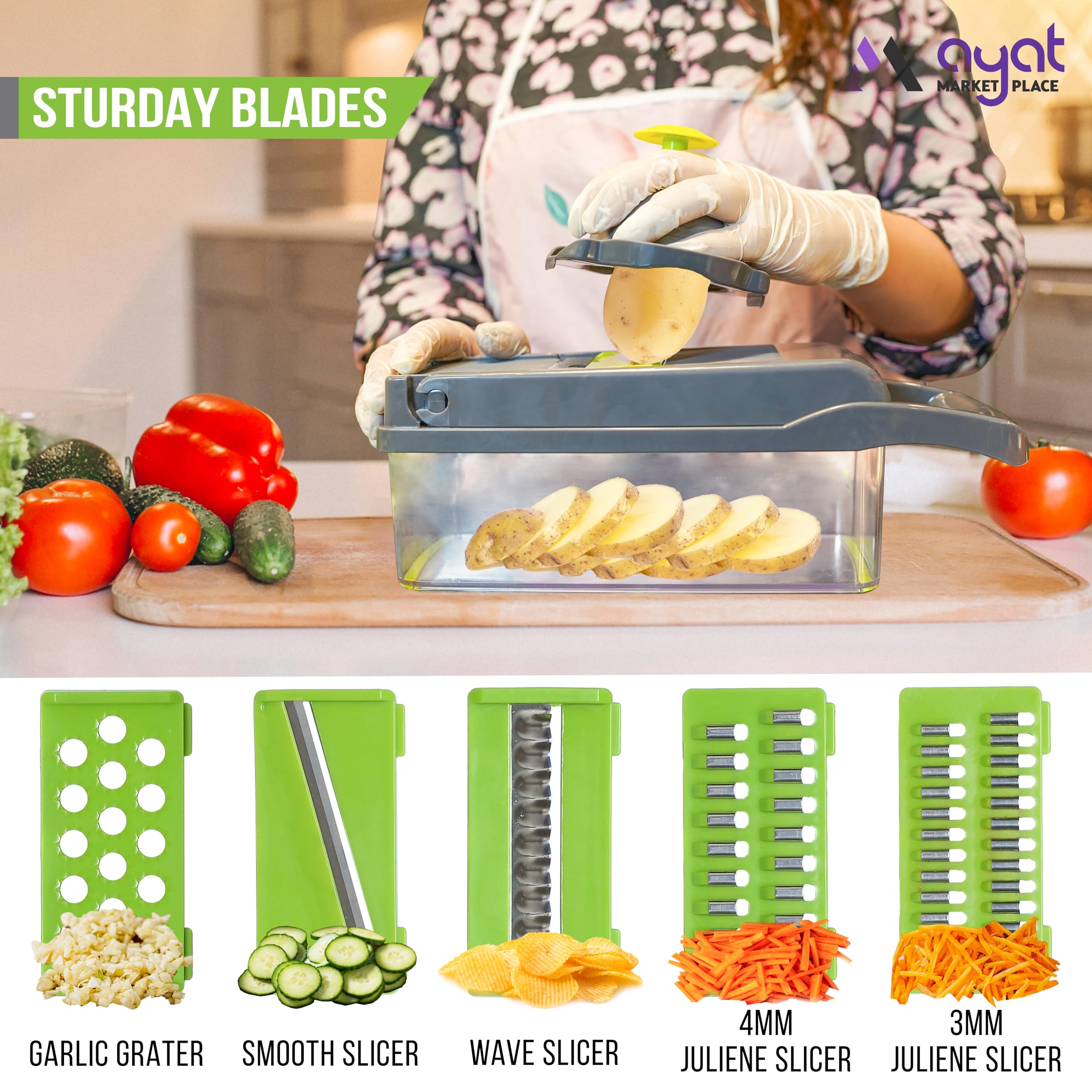 AYAT MARKETPLACE Vegetable Chopper dishwasher-safe parts for easy cleanup.
