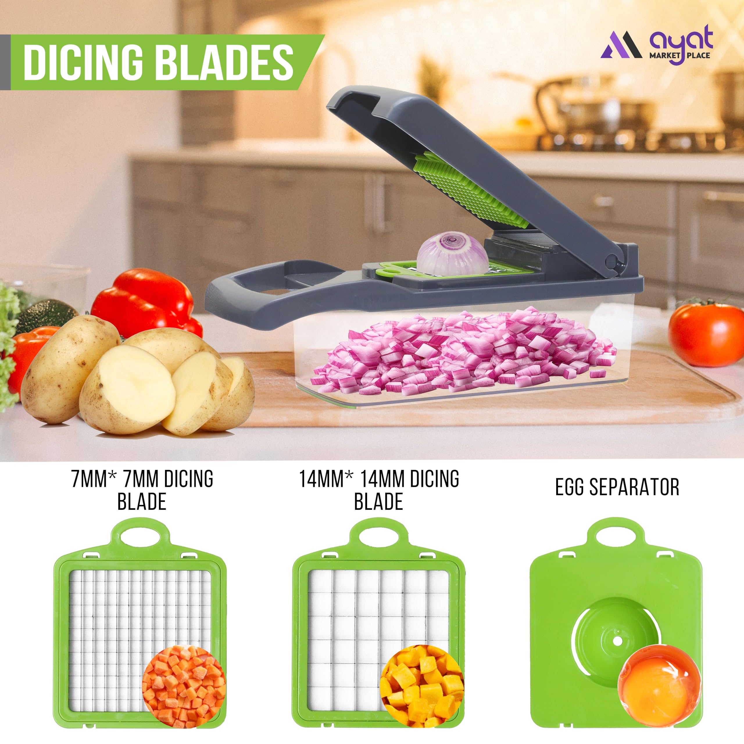 AYAT MARKETPLACE Vegetable Chopper in-use view demonstrates fast chopping of vegetables.