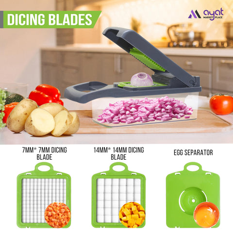 AYAT MARKETPLACE Vegetable Chopper in-use view demonstrates fast chopping of vegetables.