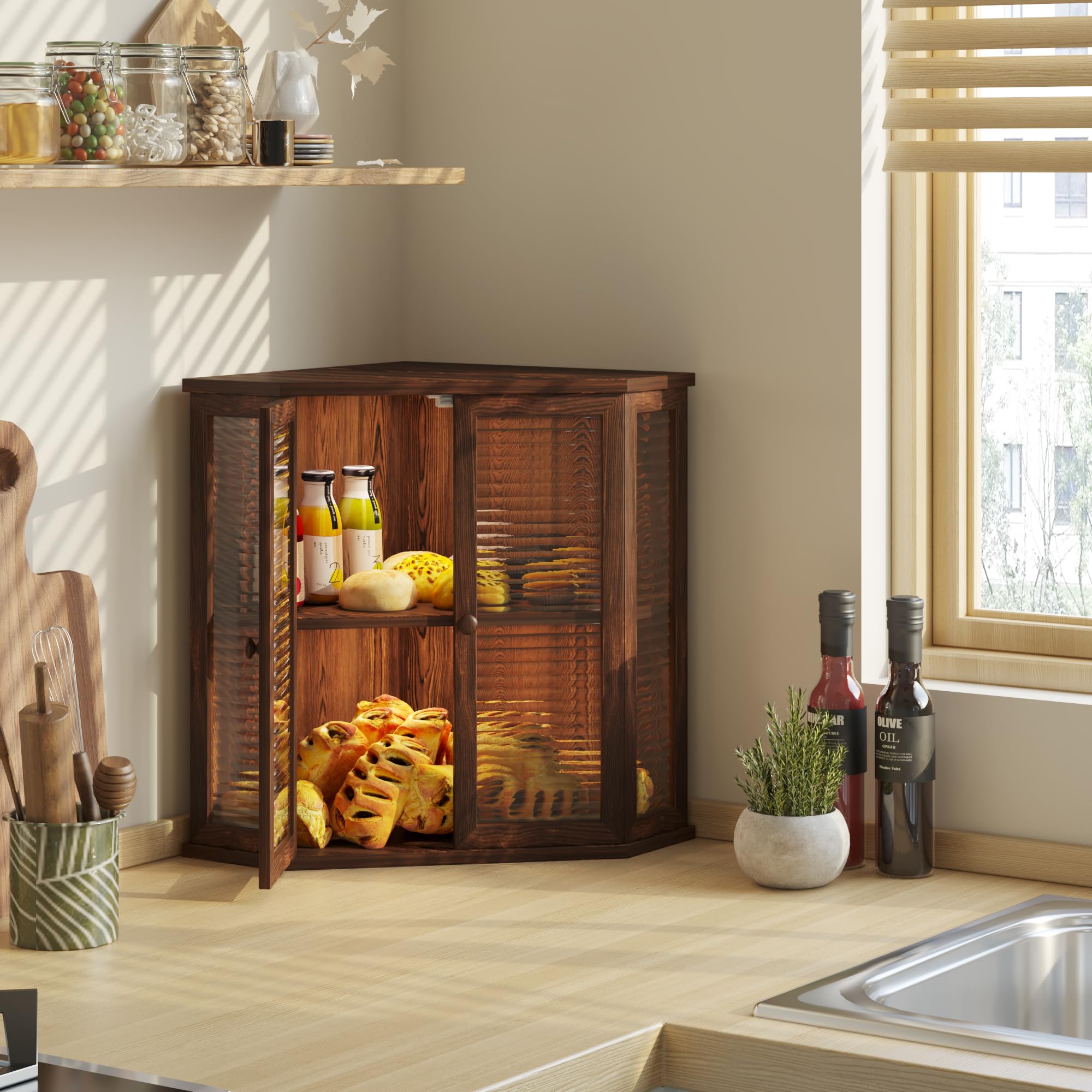Aycarzcy Corner Bread Box glass door view lets you monitor bread at a glance