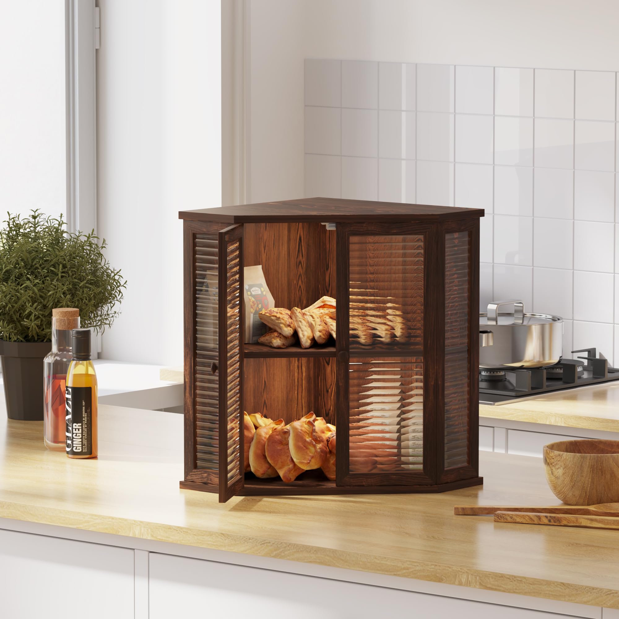 Aycarzcy Corner Bread Box wood texture carbonized pine adds warm kitchen appeal