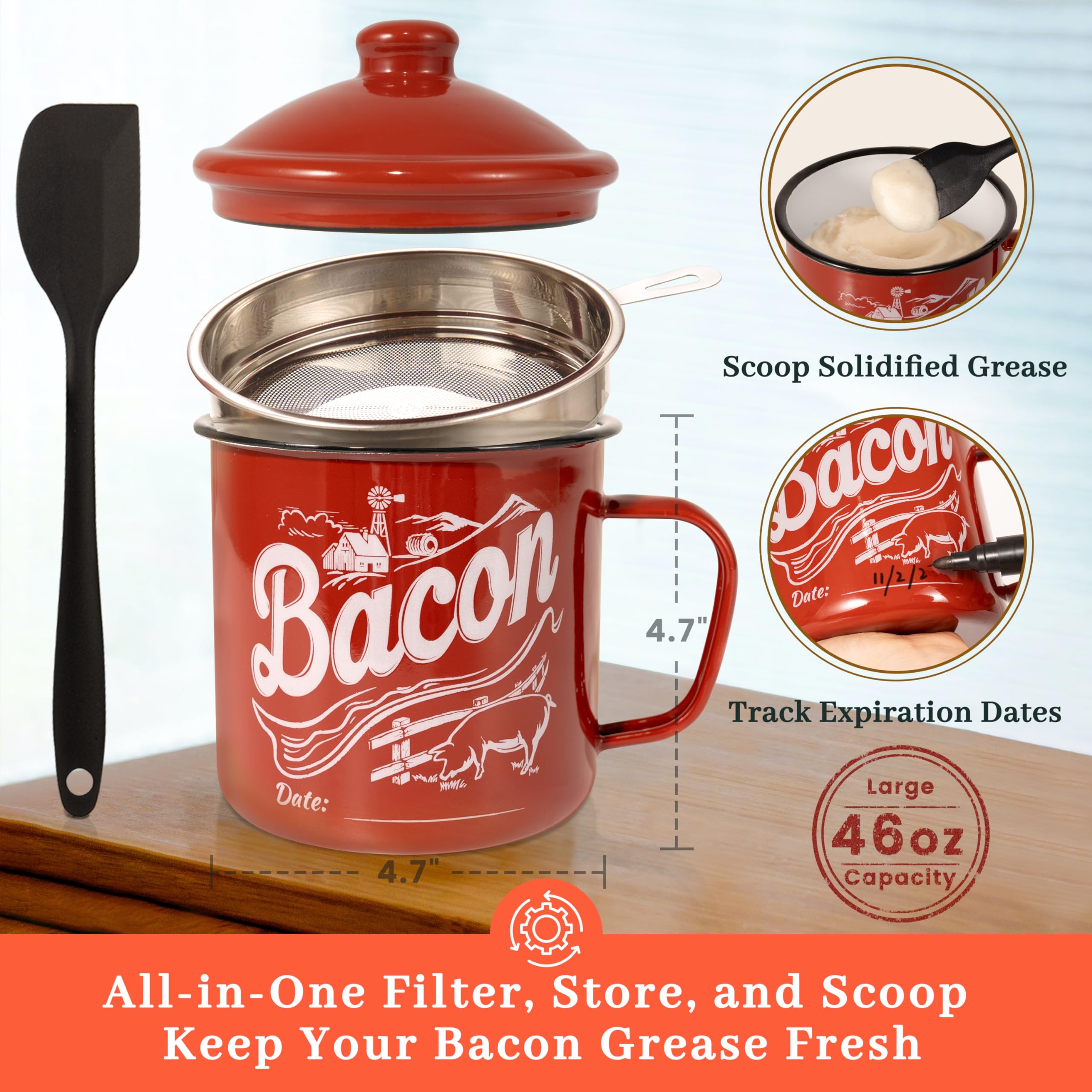 Ayerphalo 46-ounce grease keeper ready on the counter for grease storage.