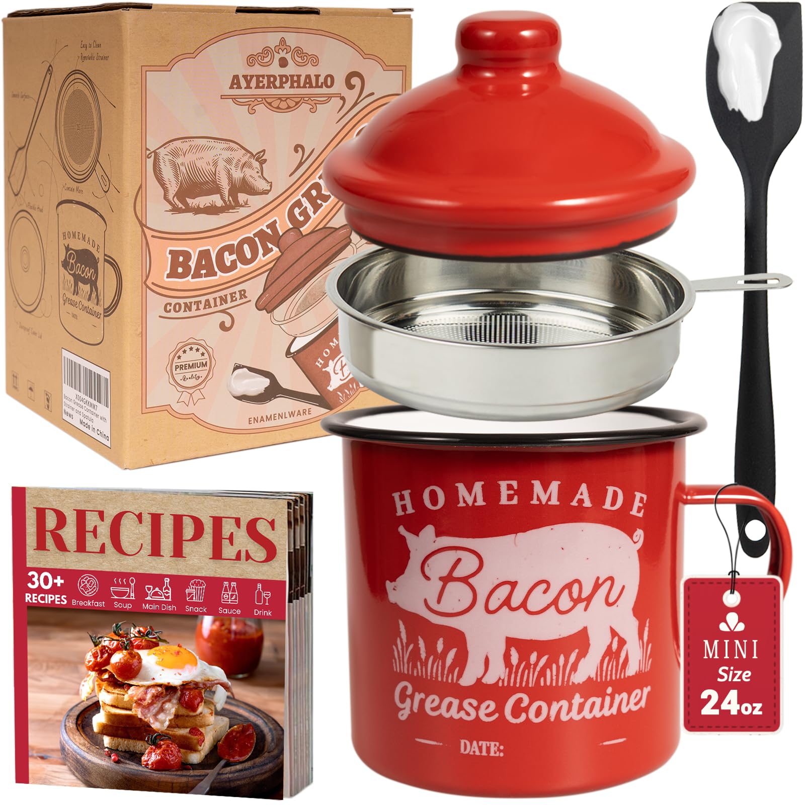 Ayerphalo bacon grease container with strainer keeps kitchen tidy and odor-free during cooking.