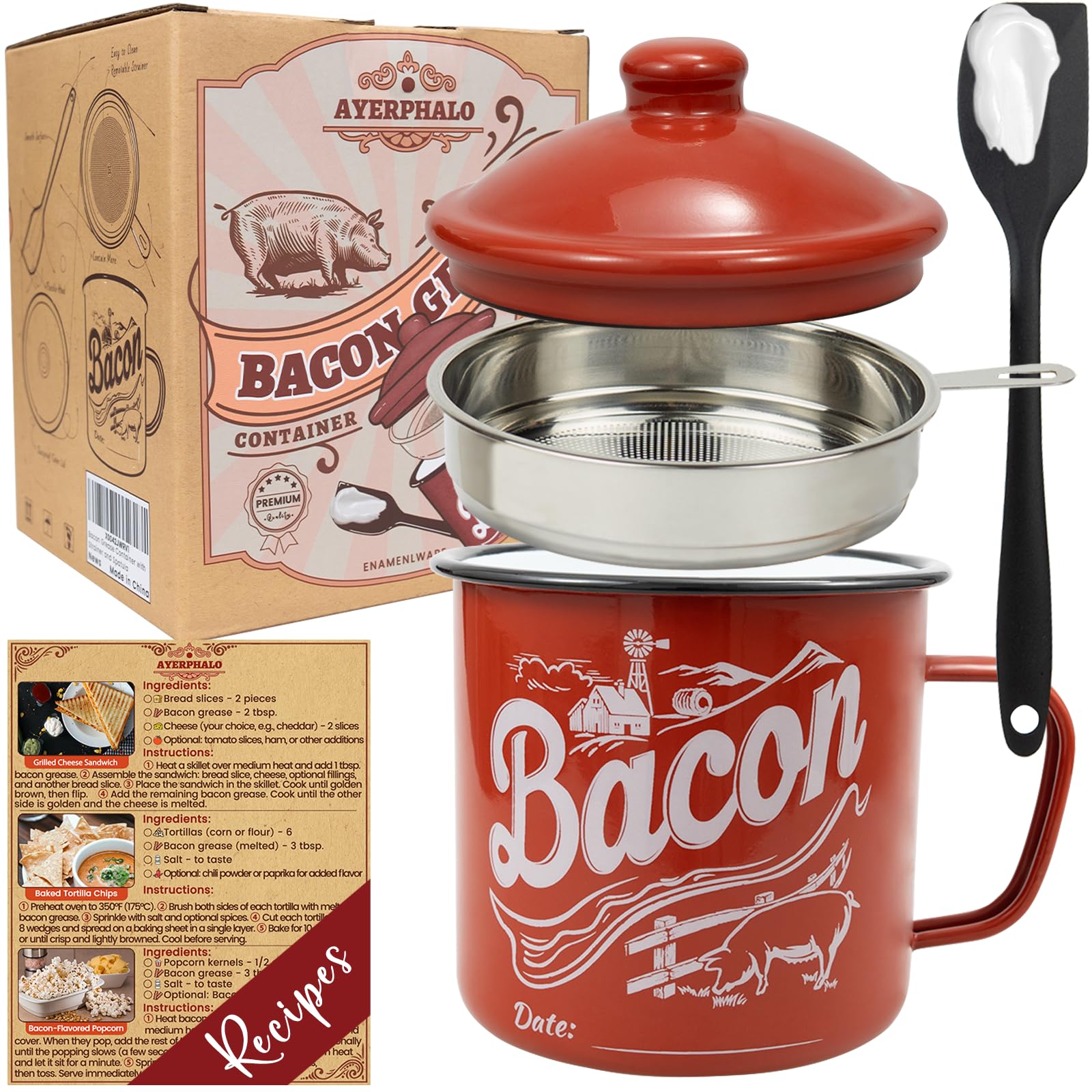 Ayerphalo bacon grease container with strainer and lid for clean drippings.