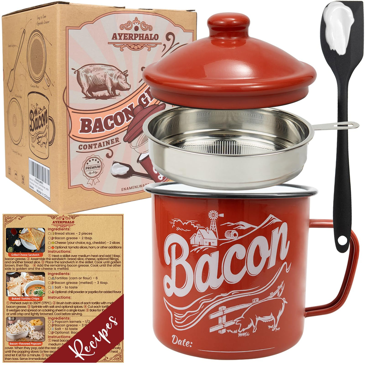 Ayerphalo bacon grease container with strainer and lid for clean drippings.
