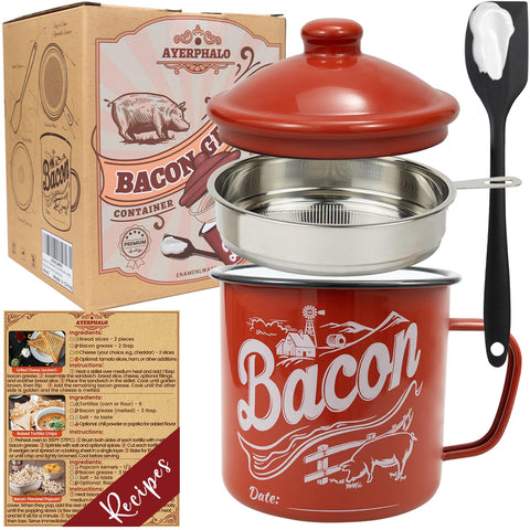 Ayerphalo bacon grease container with strainer and lid for clean drippings.