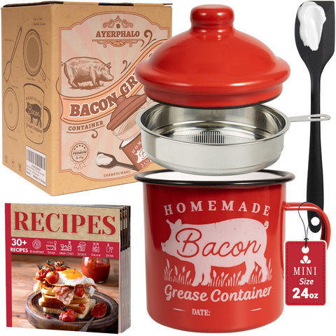 Ayerphalo bacon grease container with strainer keeps kitchen tidy and odor-free during cooking.