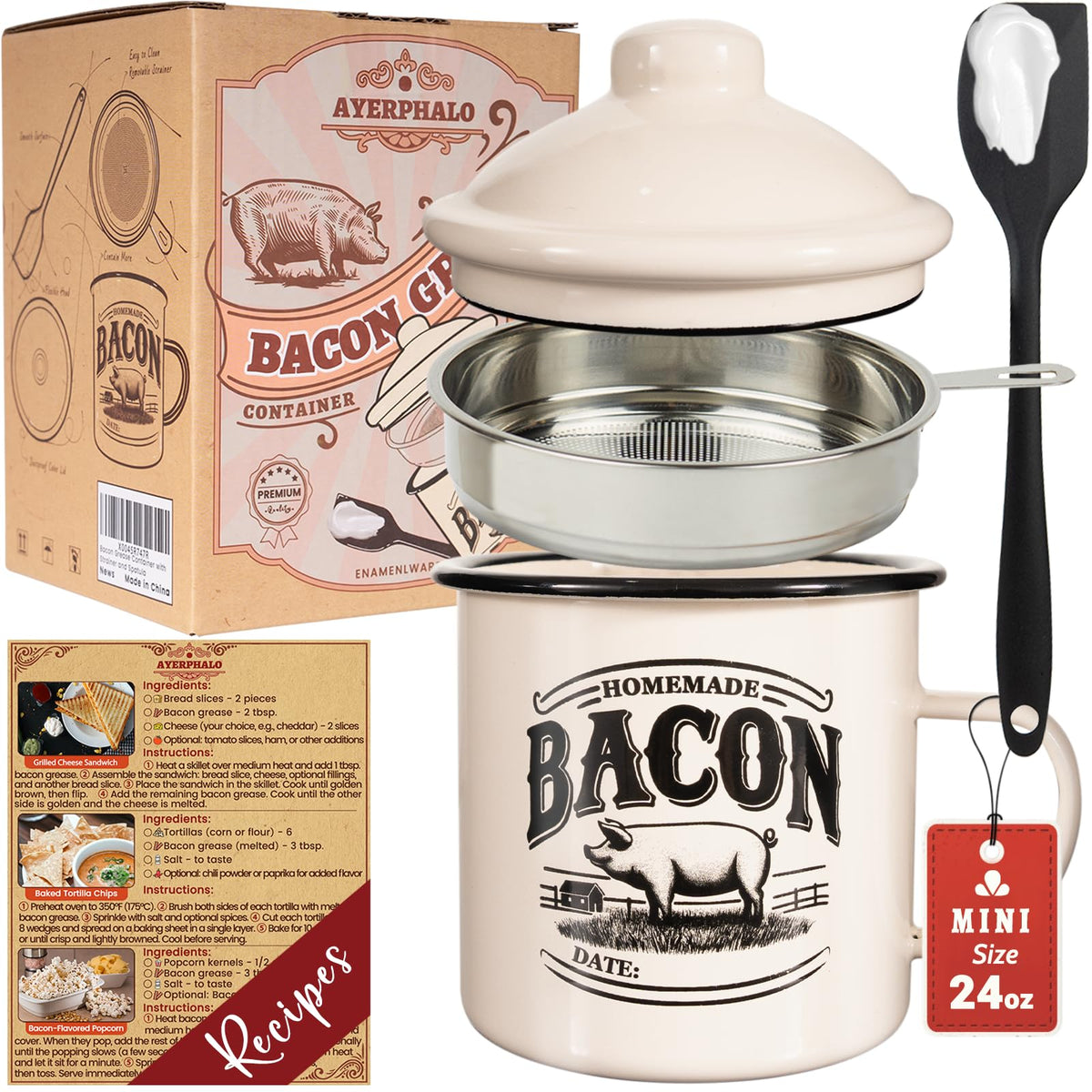Ayerphalo bacon grease container with strainer on a counter showing clean drippings and purpose.