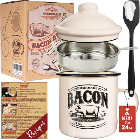 Ayerphalo bacon grease container with strainer on a counter showing clean drippings and purpose.