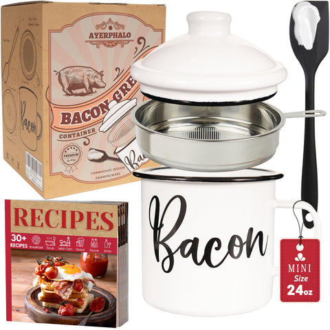 Ayerphalo bacon grease container with strainer keeps drippings clean for convenient reuse.