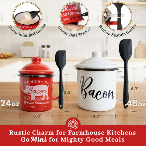Ayerphalo enamel rustic fat container resists staining and leaks.