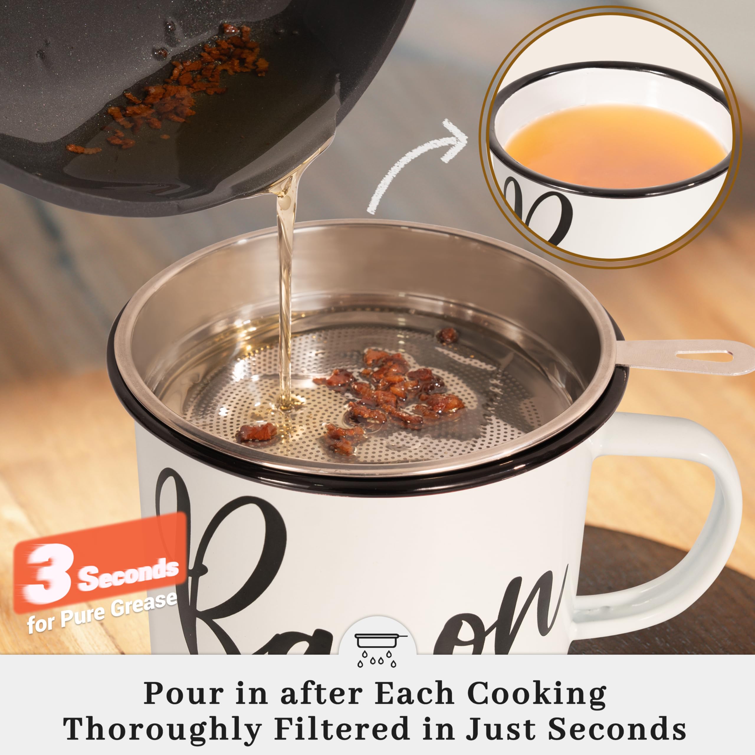 Stainless steel strainer filters solids while you store warm grease.