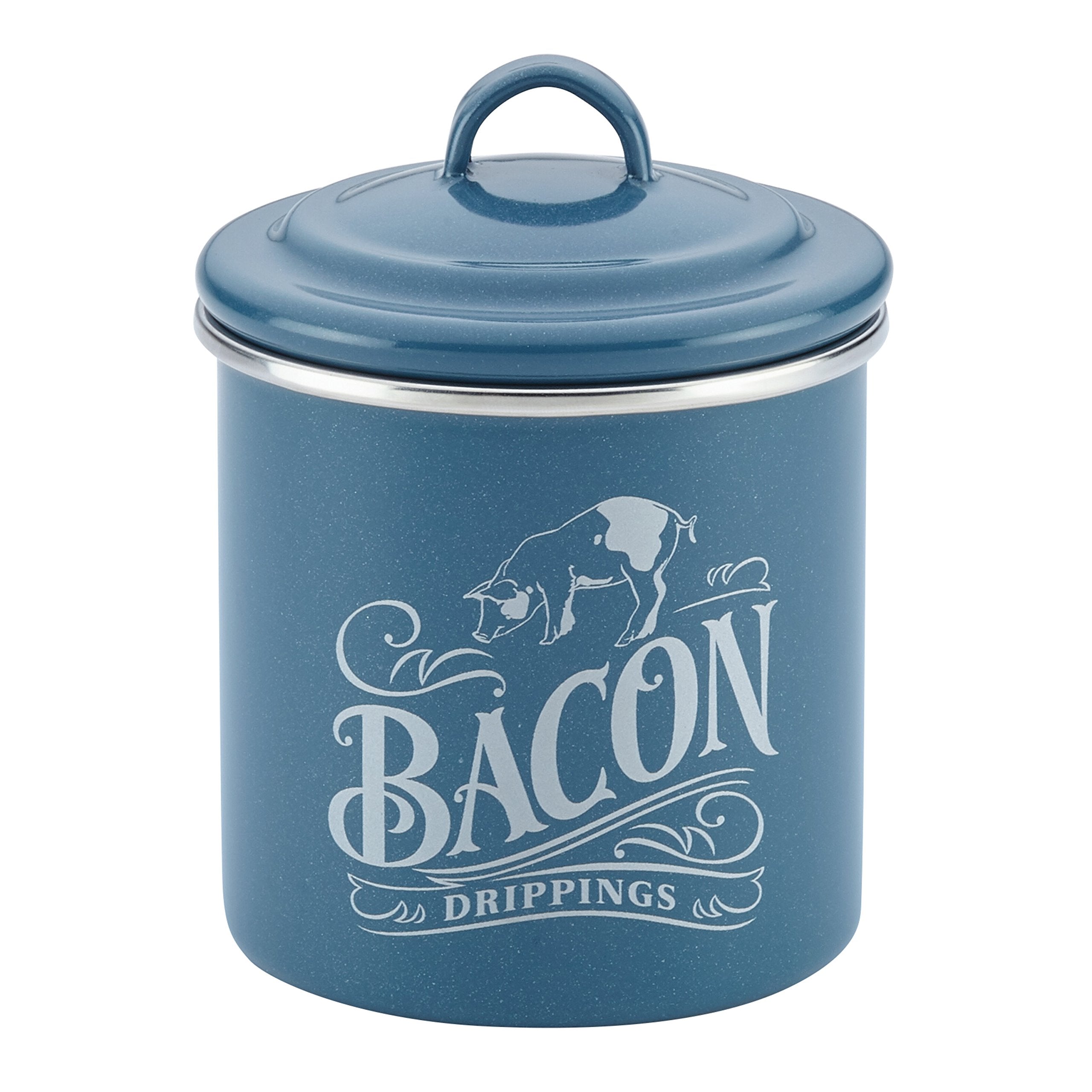 Ayesha Bacon Grease Can blue enamel steel on countertop for clean, reusable storage