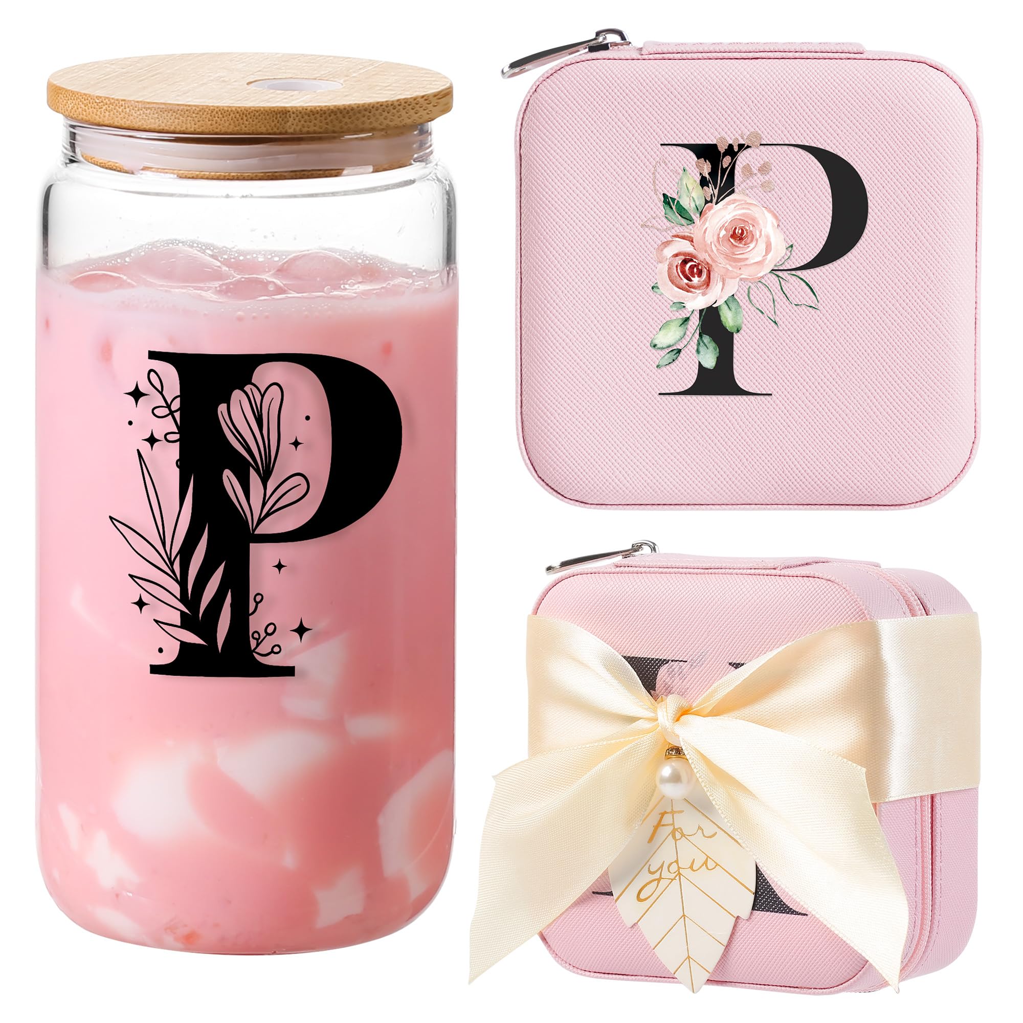 AYGXU initial jewelry box and glass set keeps necklaces, earrings, and trinkets organized while traveling.