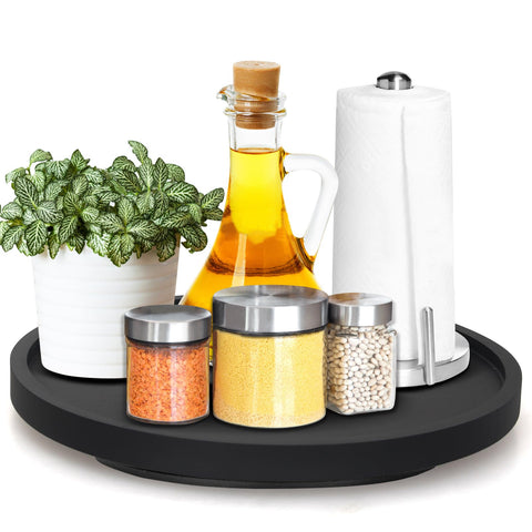 Ayiaren black wood Lazy Susan top view, compact 10-inch organizer for spices.