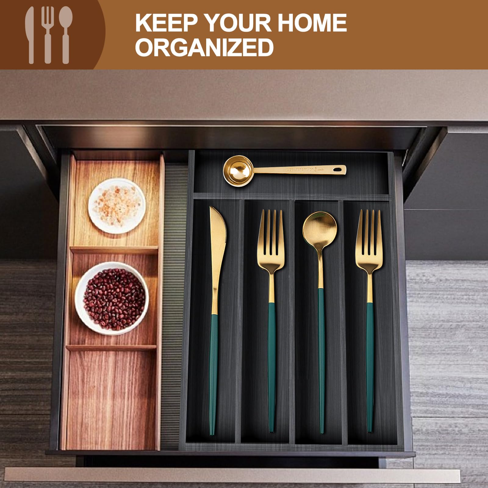Ayiaren compact wood tray fits small drawers, saving space and reducing drawer clutter.