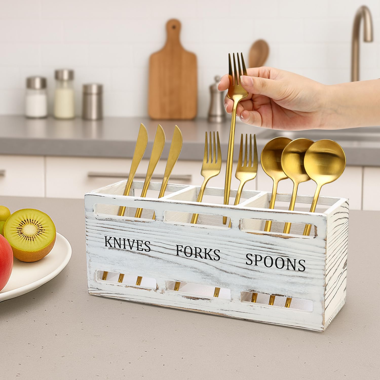 Ayiaren Farmhouse Wooden Utensil Caddy close-up highlights wood grain and craftsmanship.