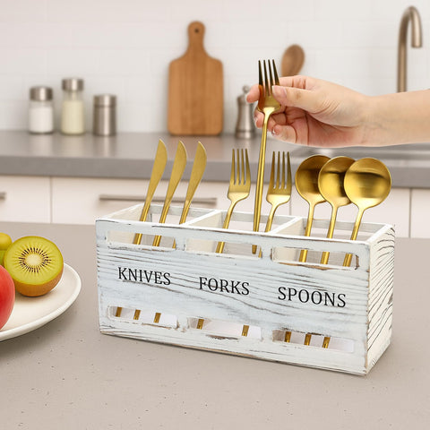 Ayiaren Farmhouse Wooden Utensil Caddy close-up highlights wood grain and craftsmanship.