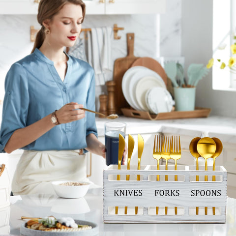 Ayiaren Farmhouse Wooden Utensil Caddy compartments separate spoons, forks, and knives for easy access.