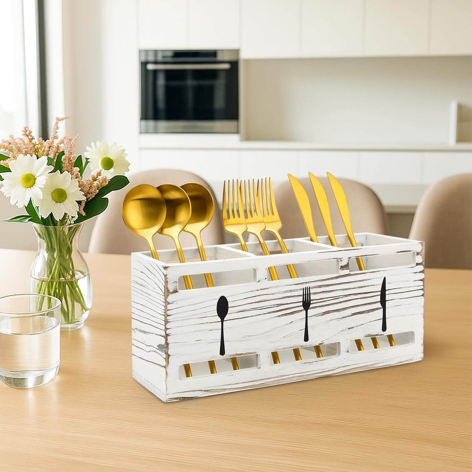 Ayiaren Farmhouse Wooden Utensil Caddy sits on a kitchen counter as warm decor.