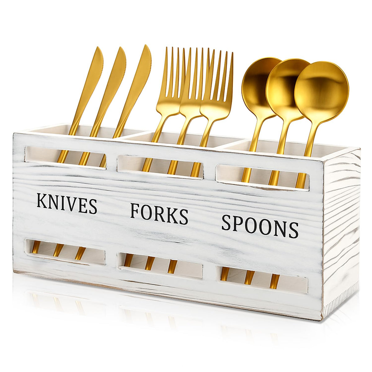 Ayiaren Farmhouse Wooden Utensil Caddy front view adds rustic charm and organized counter space.